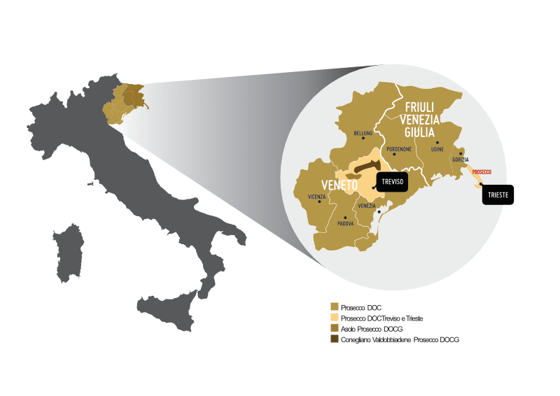 Mapa pěstitelských oblastí Prosecco DOC a DOCG v Benátsku a Furlansku-Julském Benátsku